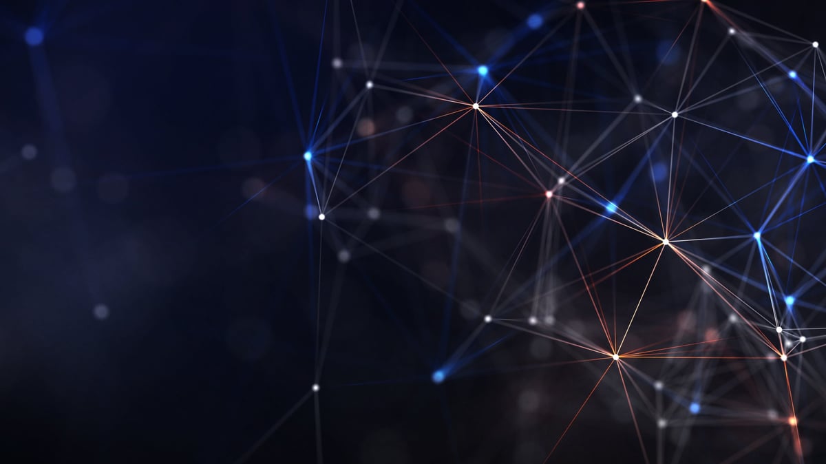 Abstract digital network with glowing nodes and lines on dark background.